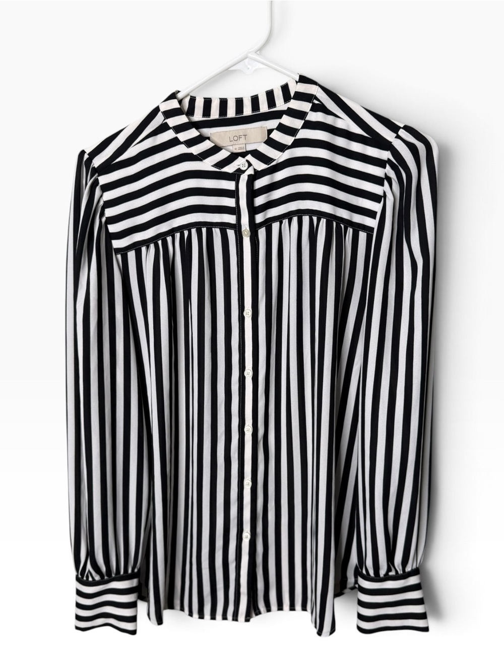 LOFT Black White Striped Button Down Blouse Size M Long Sleeve Shirt